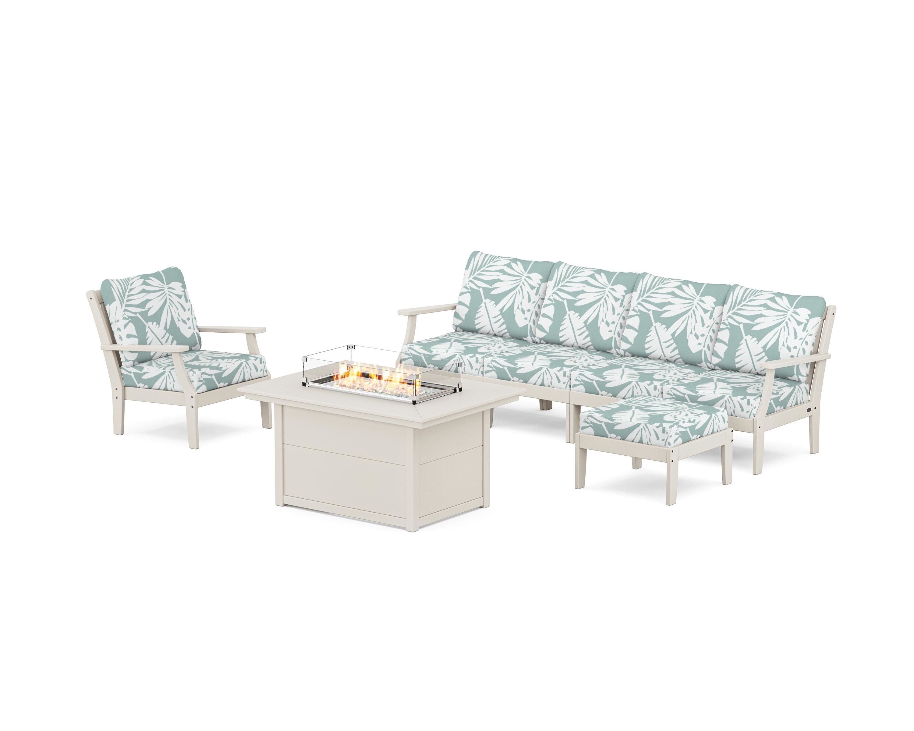 POLYWOOD® Braxton Sectional Lounge and Fire Pit Set in Sand / Leaf Glacier Spa