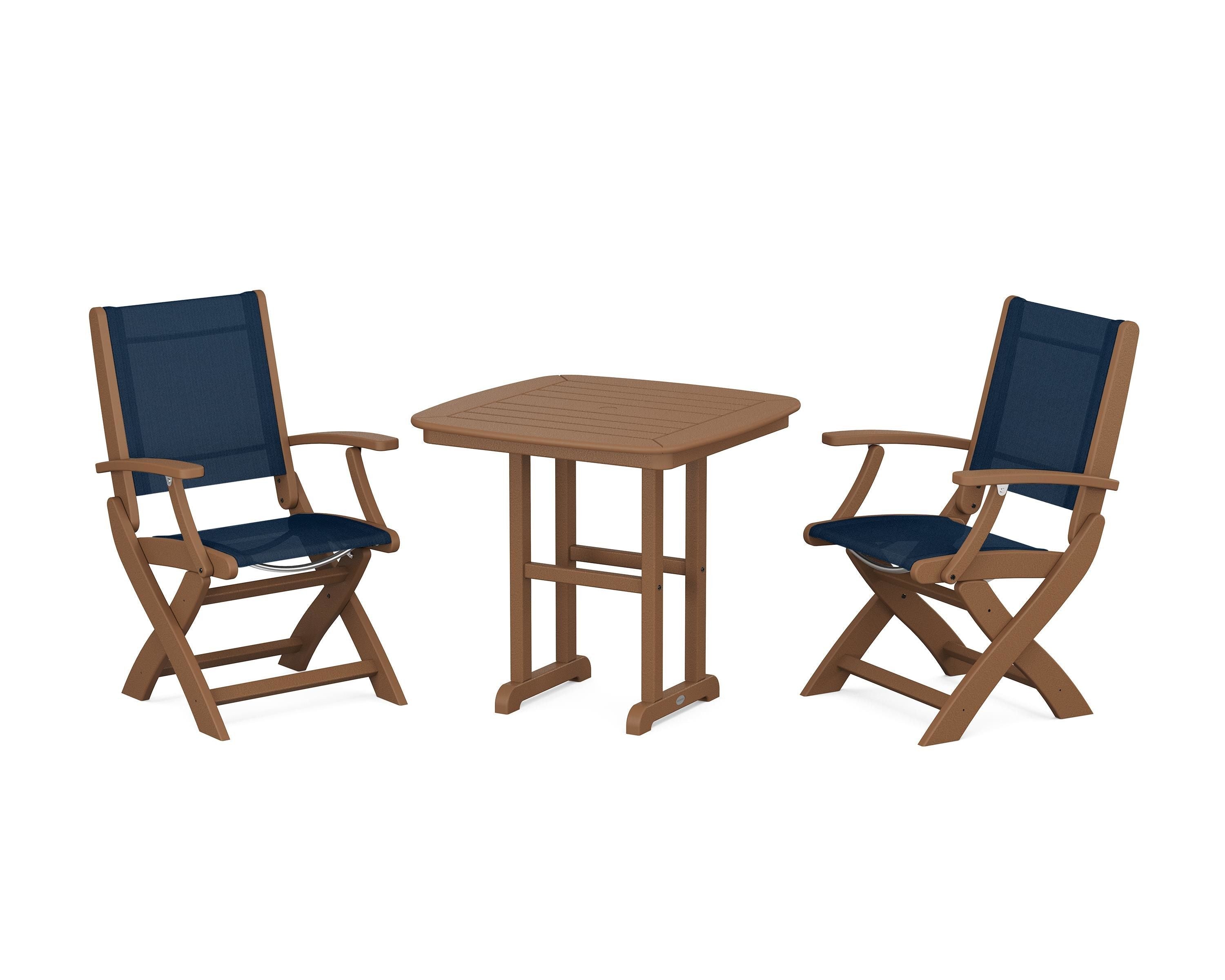 POLYWOOD® Coastal Folding Chair 3-Piece Dining Set in Teak / Navy Blue Sling