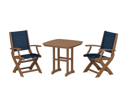 POLYWOOD® Coastal Folding Chair 3-Piece Dining Set in Teak / Navy Blue Sling