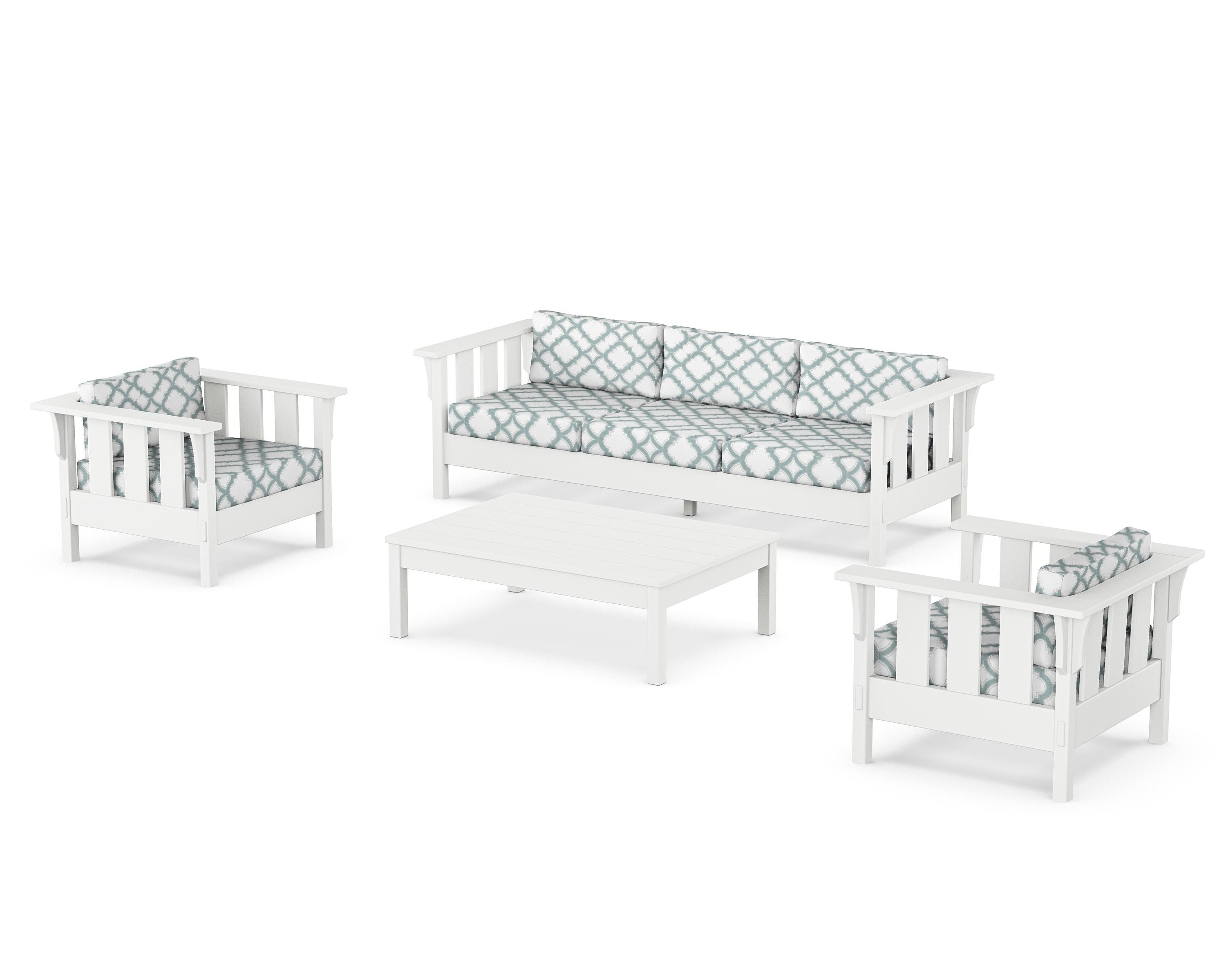 Martha Stewart by POLYWOOD® Acadia 4-Piece Deep Seating Set with Sofa in White / Trellis Glacier Spa