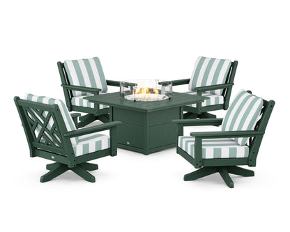 POLYWOOD® Chippendale 5-Piece Deep Seating Swivel Conversation Set with Fire Pit Table in Green / Cabana Stripe Glacier Spa