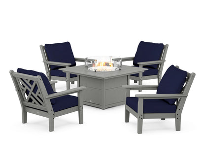 POLYWOOD® Chippendale 5-Piece Deep Seating Set with Fire Pit Table in Slate Grey / Navy