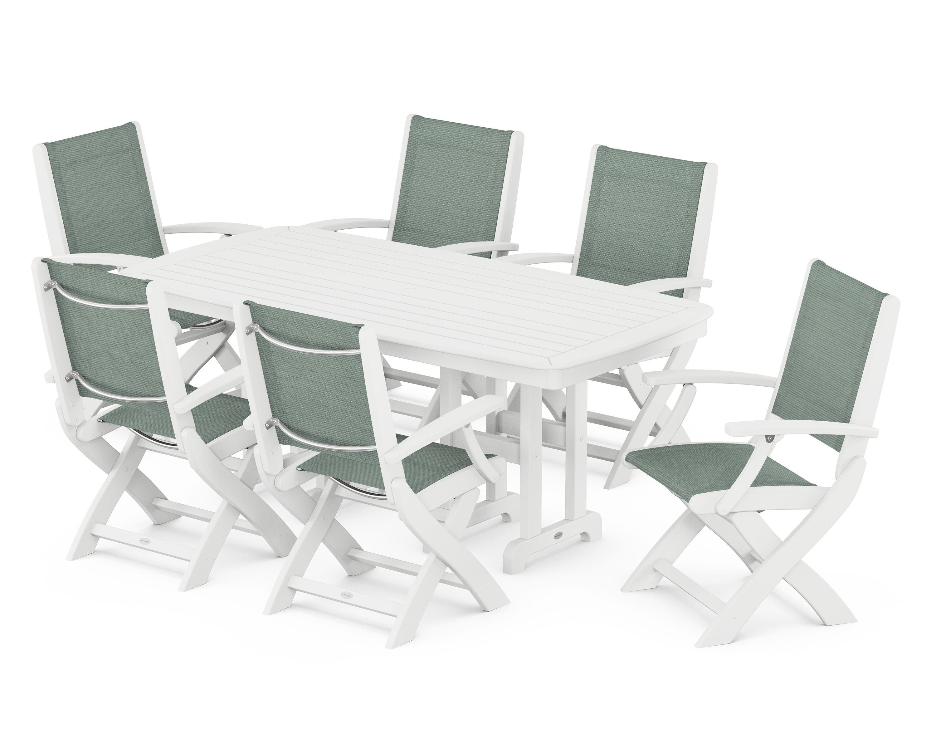 POLYWOOD® Coastal Folding Arm Chair 7-Piece Dining Set in White / Dupioni Sea Mist Sling