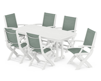 POLYWOOD® Coastal Folding Arm Chair 7-Piece Dining Set in White / Dupioni Sea Mist Sling