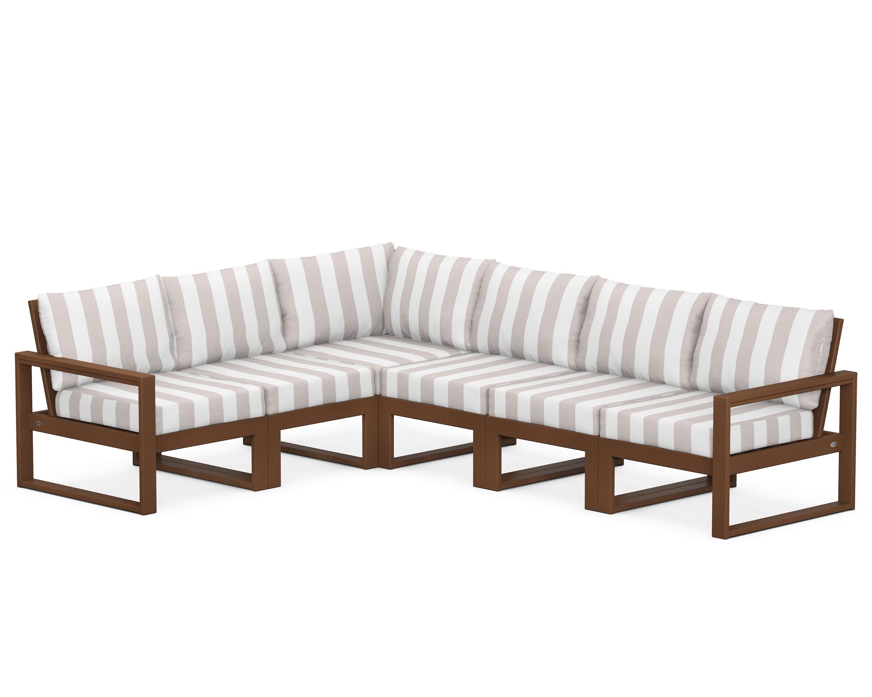 POLYWOOD® EDGE 6-Piece Modular Deep Seating Set in Teak / Cabana Stripe Dune Burlap