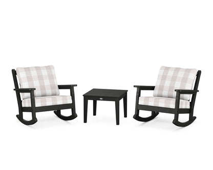 POLYWOOD® Chippendale 3-Piece Deep Seating Rocker Set in Black / Buffalo Plaid Dune Burlap