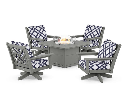 POLYWOOD® Chippendale 5-Piece Deep Seating Swivel Conversation Set with Fire Pit Table in Slate Grey / Trellis Navy