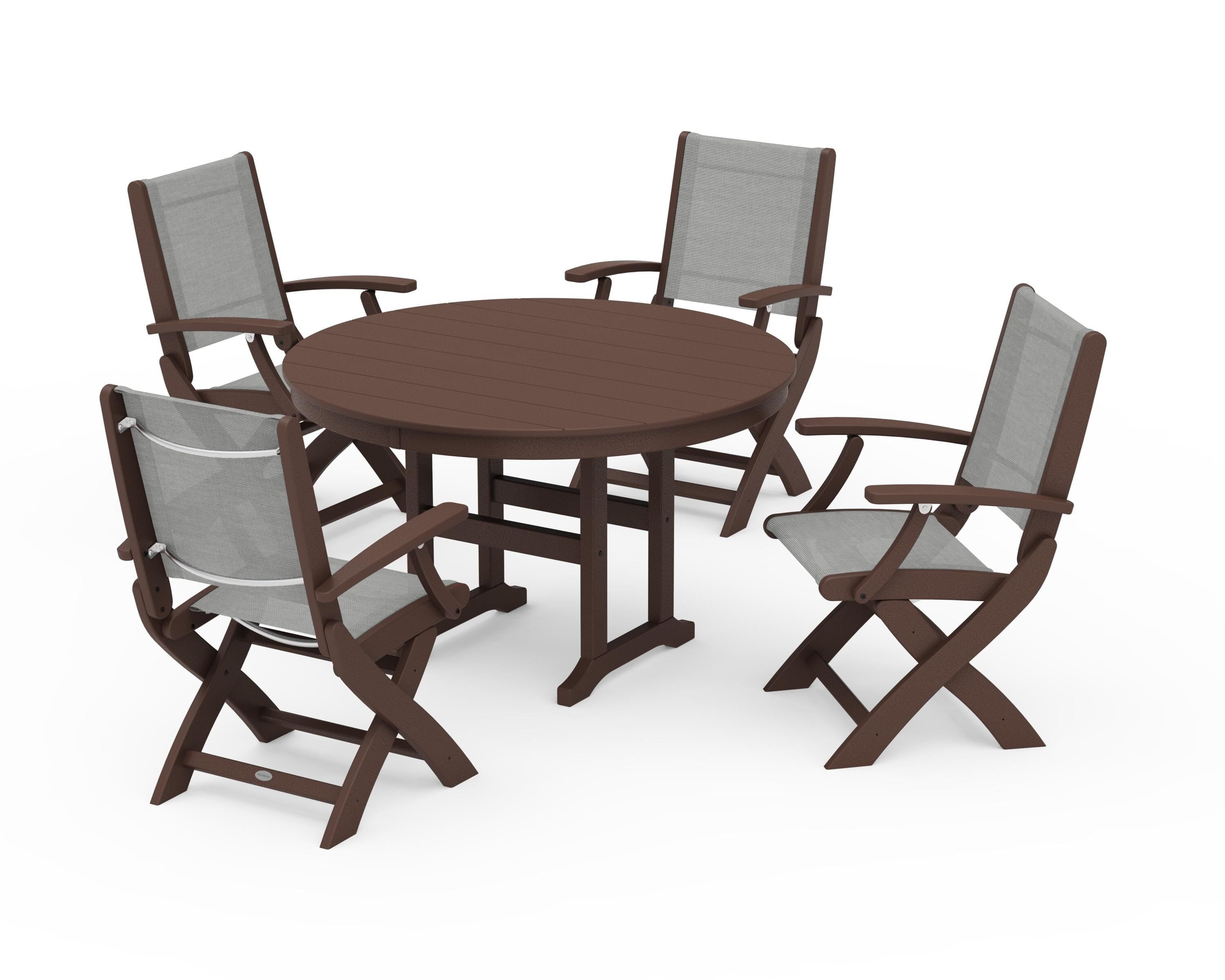 POLYWOOD® Coastal Folding Chair 5-Piece Round Dining Set in Mahogany / Metallic Sling