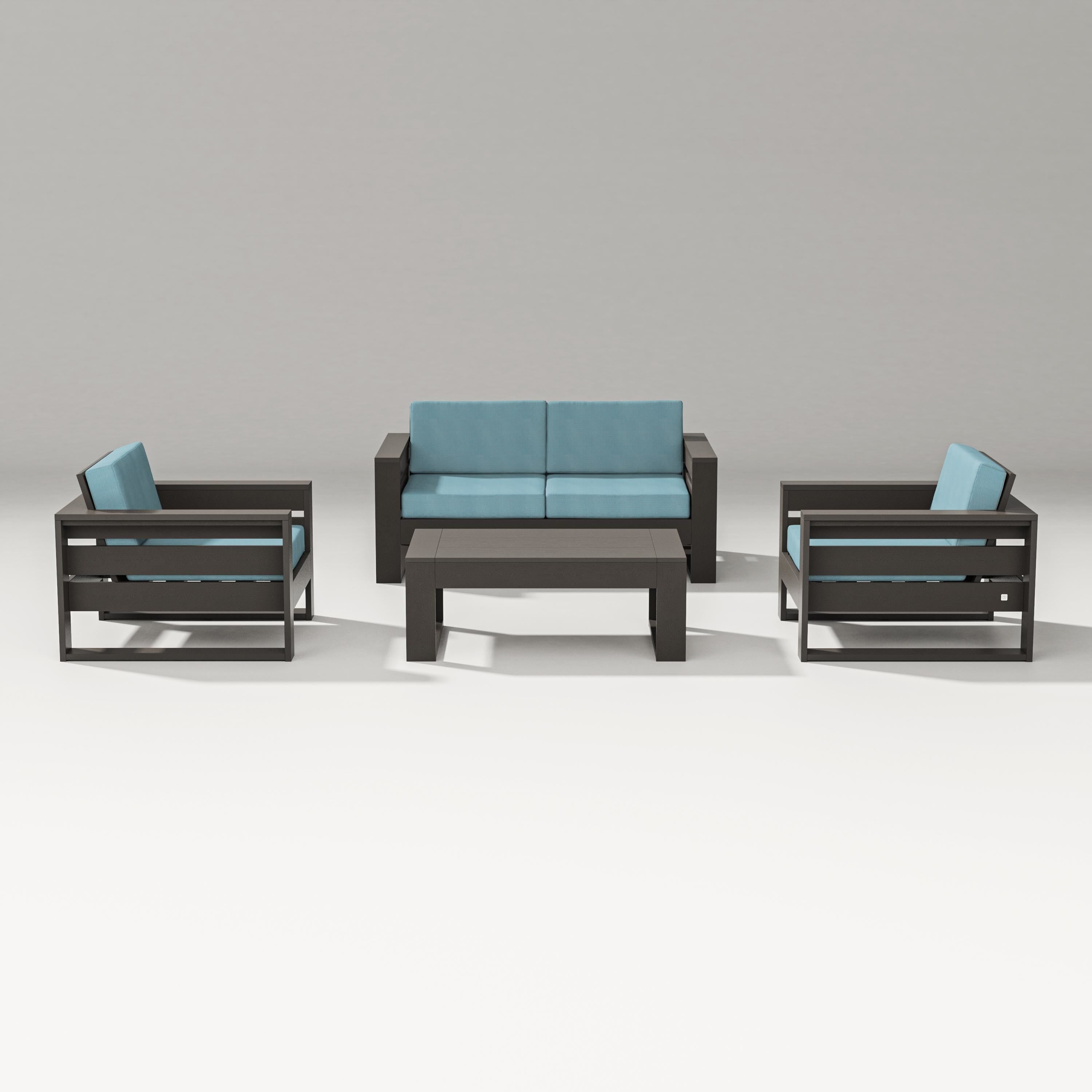 PW Designer Series Latitude 4-Piece Lounge Loveseat Set in Vintage Coffee / Lattice Sky Blue