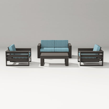 PW Designer Series Latitude 4-Piece Lounge Loveseat Set in Vintage Coffee / Lattice Sky Blue