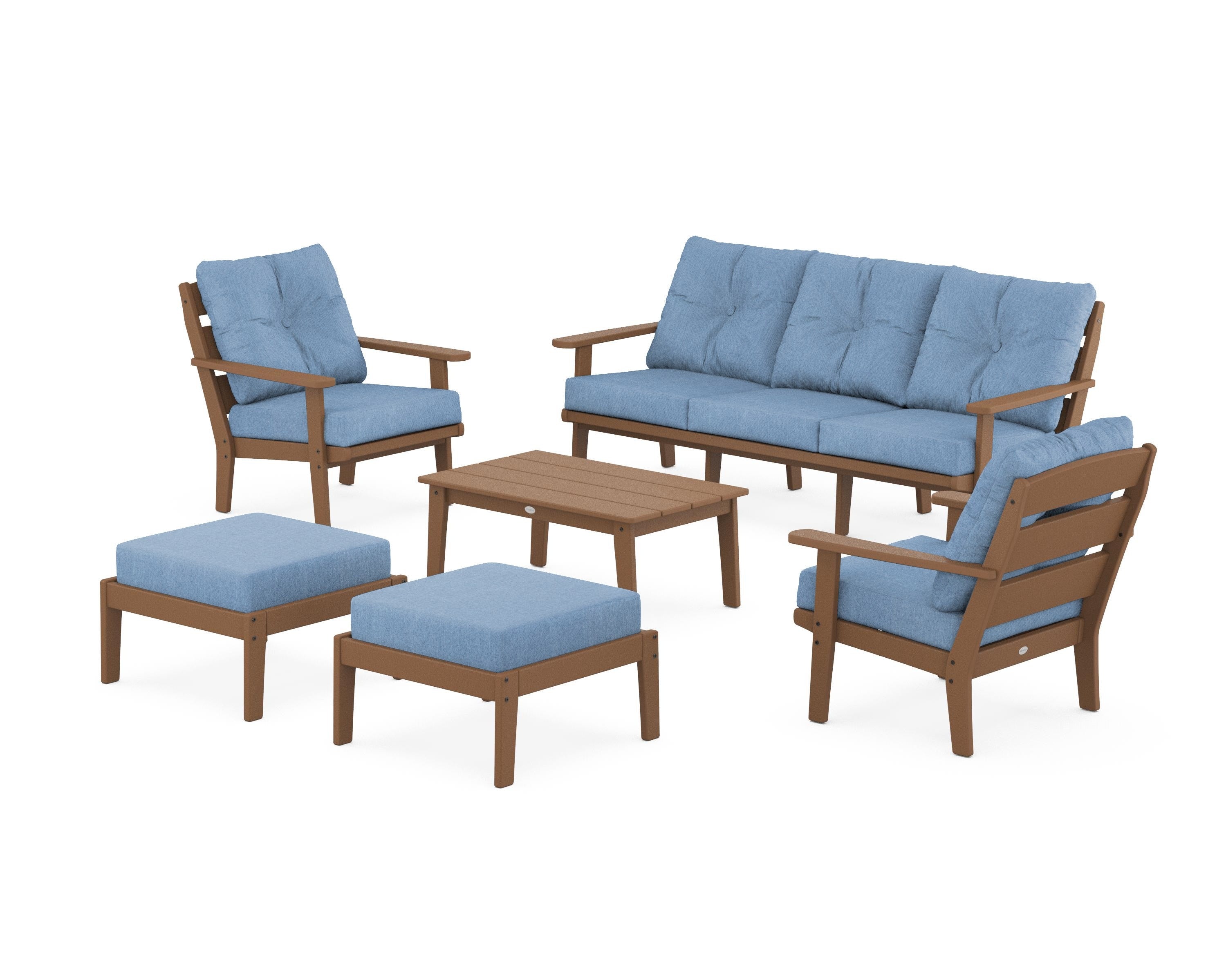 POLYWOOD® Lakeside 6-Piece Lounge Sofa Set in Teak / Sky Blue