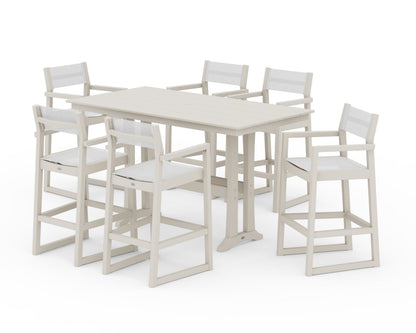 POLYWOOD® EDGE Sling Arm Chair 7-Piece Farmhouse Bar Set with Trestle Legs in Sand / White Sling