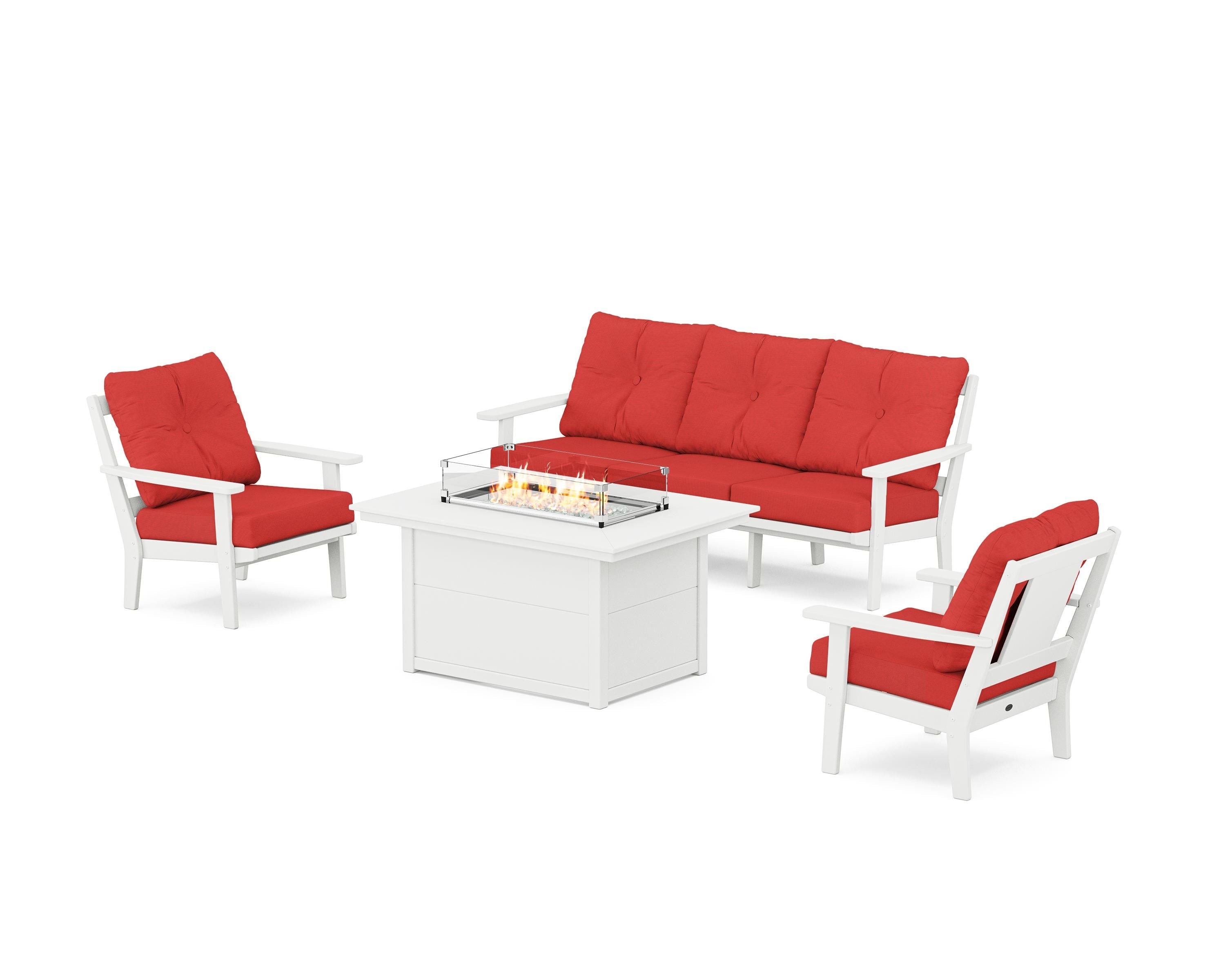 POLYWOOD® Prairie Deep Seating Fire Pit Table Set in White / Crimson Linen