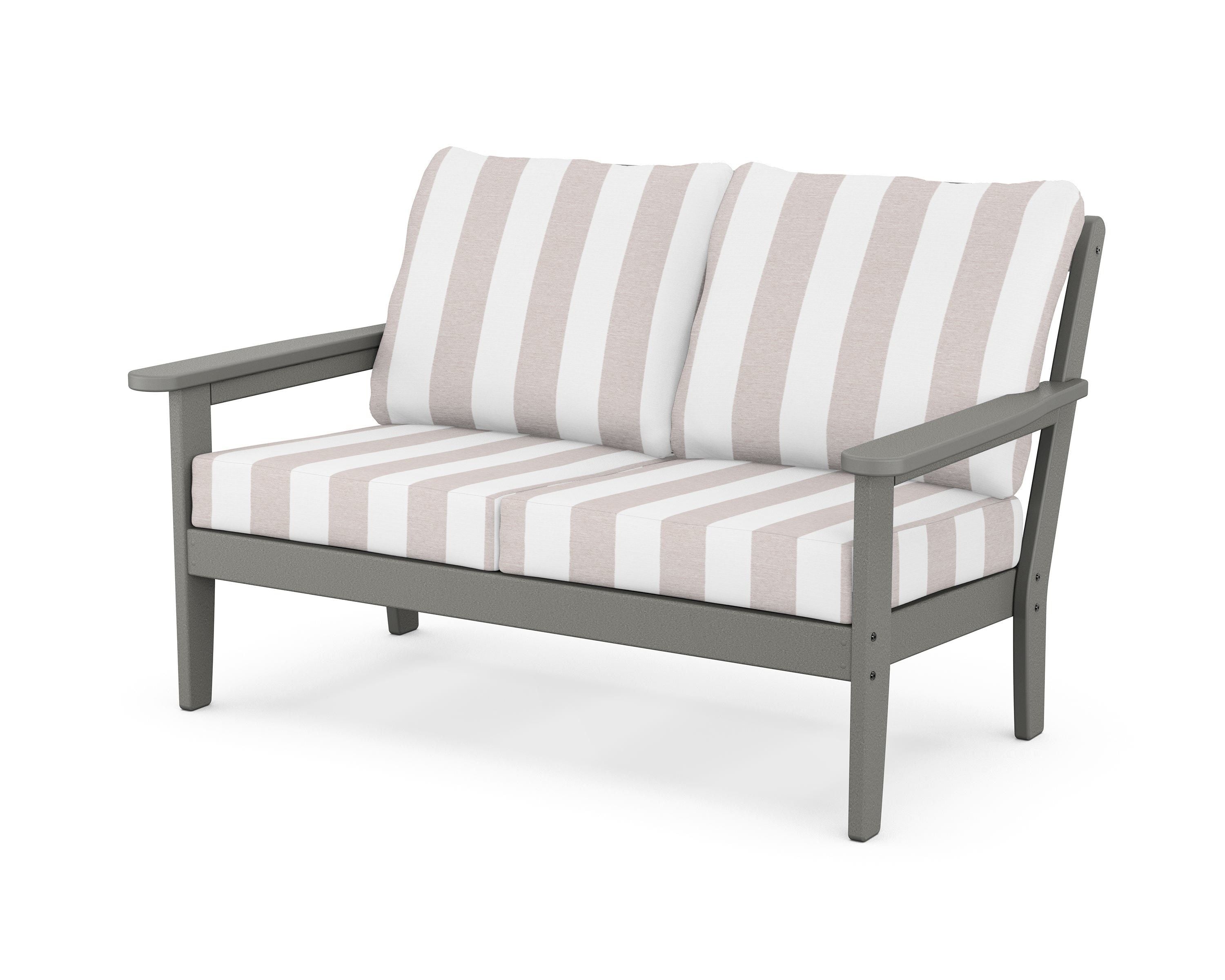 Country Living Cottage Deep Seating Loveseat in Slate Grey / Cabana Stripe Dune Burlap