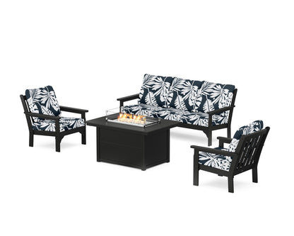 POLYWOOD® Vineyard Deep Seating Fire Pit Table Set in Black / Leaf Marine Indigo