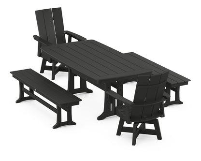 POLYWOOD® Modern Curveback Adirondack Swivel Chair 5-Piece Dining Set with Trestle Legs and Benches in Black