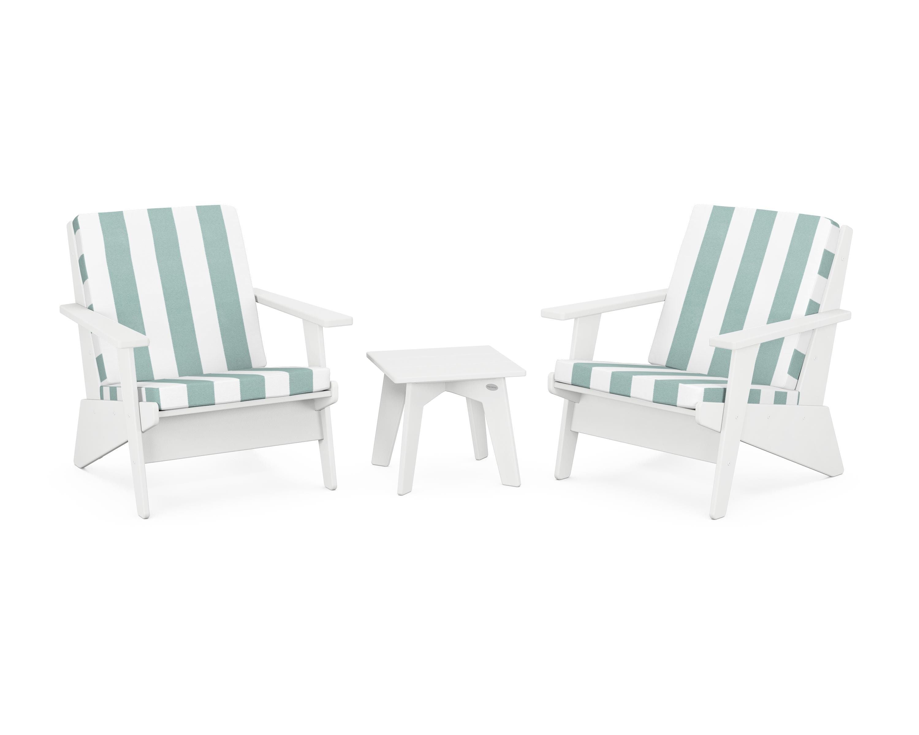 POLYWOOD® Riviera Modern Lounge 3-Piece Set in White / Cabana Stripe Glacier Spa