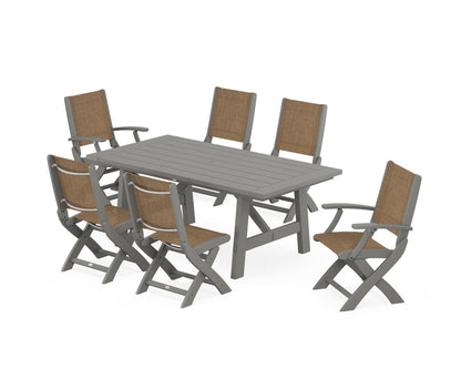 POLYWOOD® Coastal Folding Chair 7-Piece Rustic Farmhouse Dining Set in Slate Grey / Burlap Sling