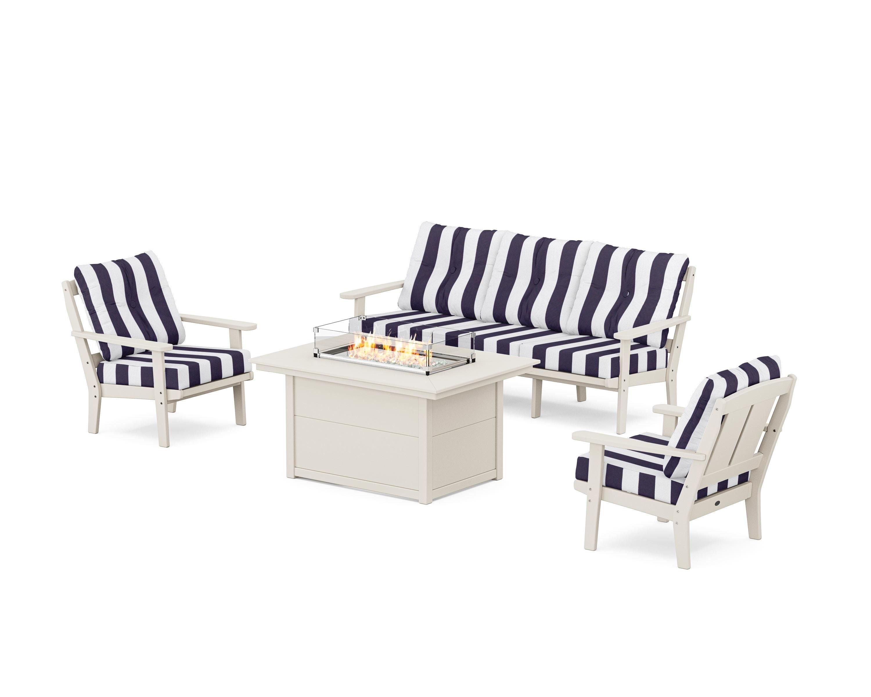 POLYWOOD® Mission Deep Seating Fire Pit Table Set in Sand / Cabana Stripe Navy