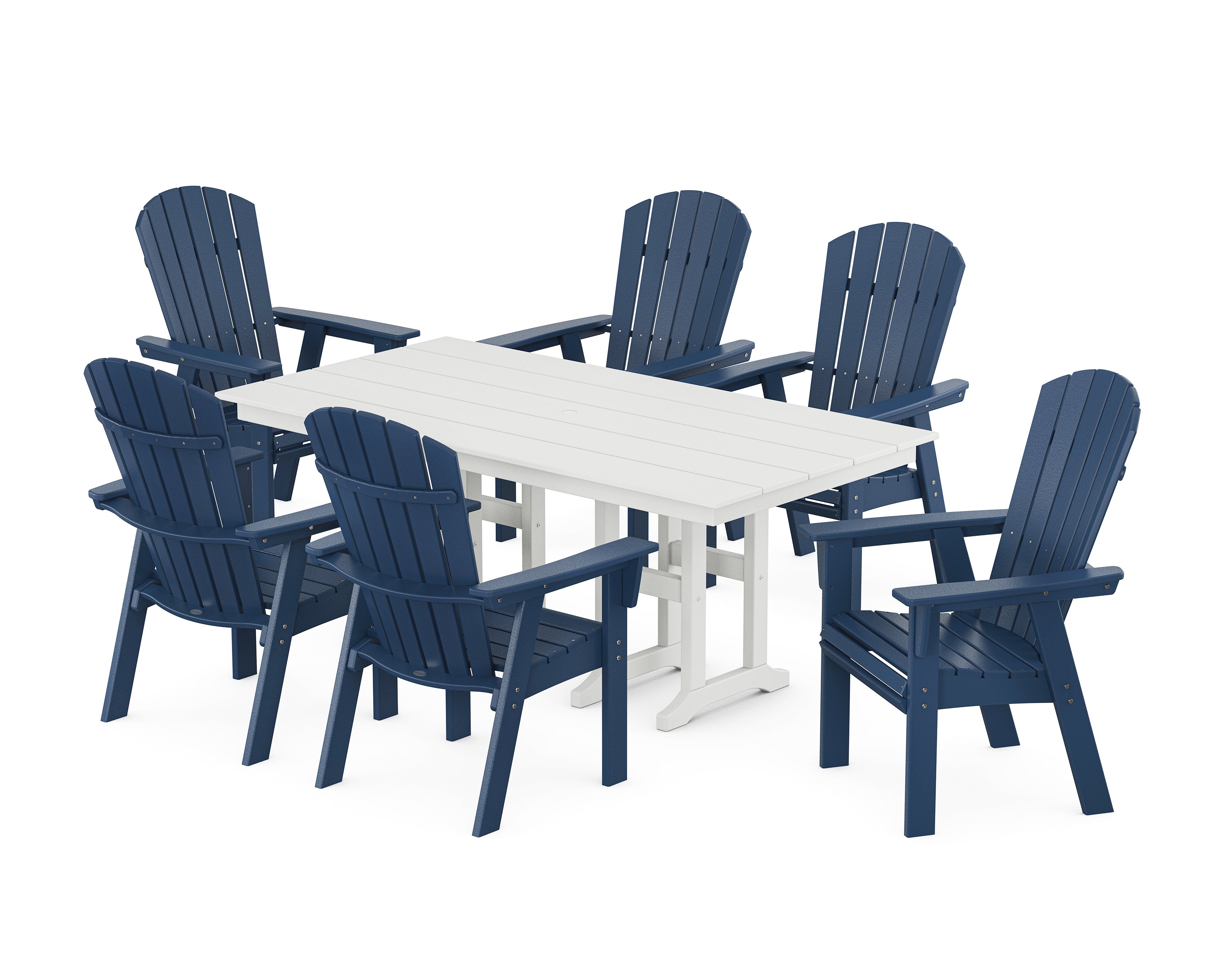 POLYWOOD® Nautical Curveback Adirondack 7-Piece Farmhouse Dining Set in Navy / White