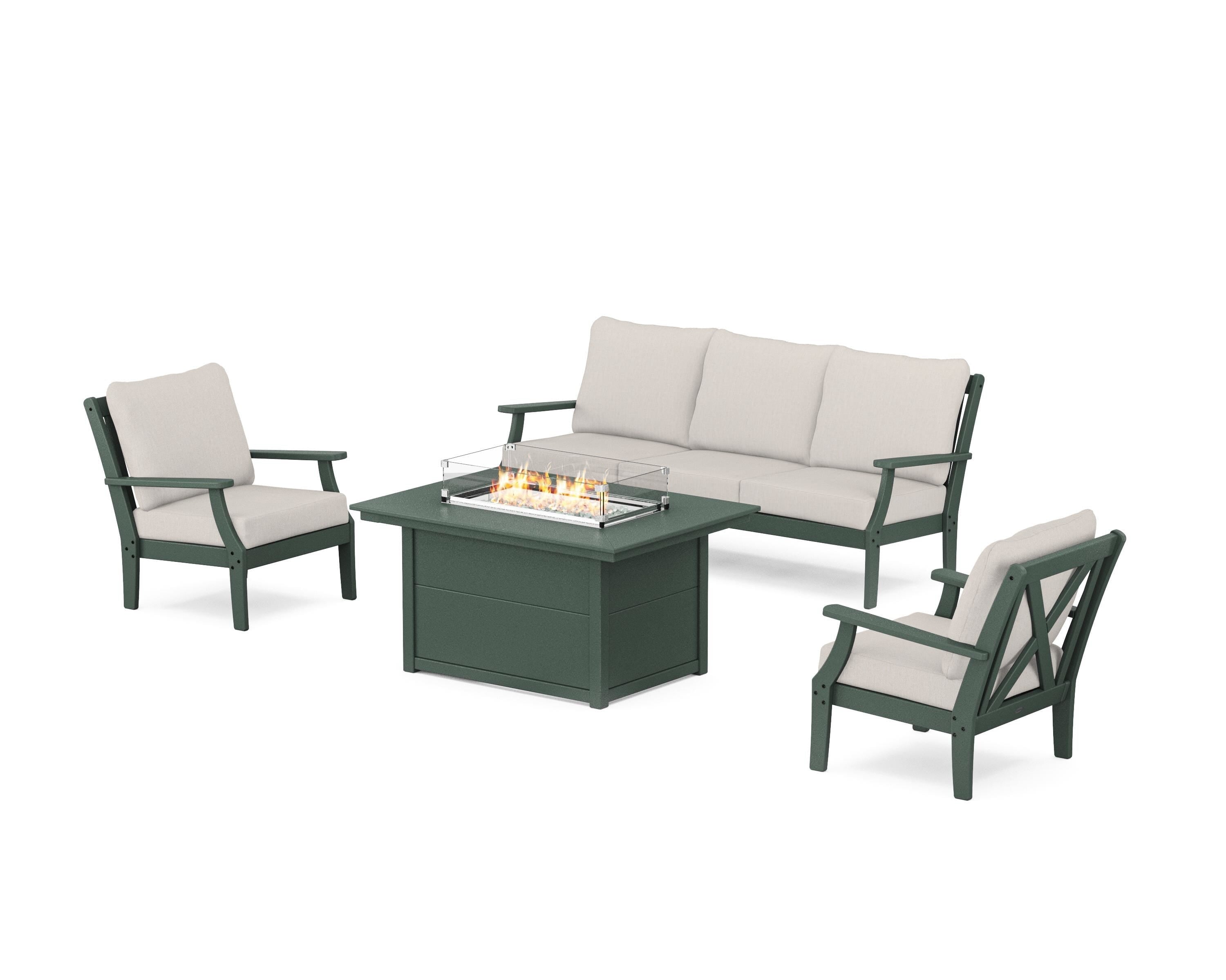 POLYWOOD® Braxton Deep Seating Fire Pit Table Set in Green / Cast Ash