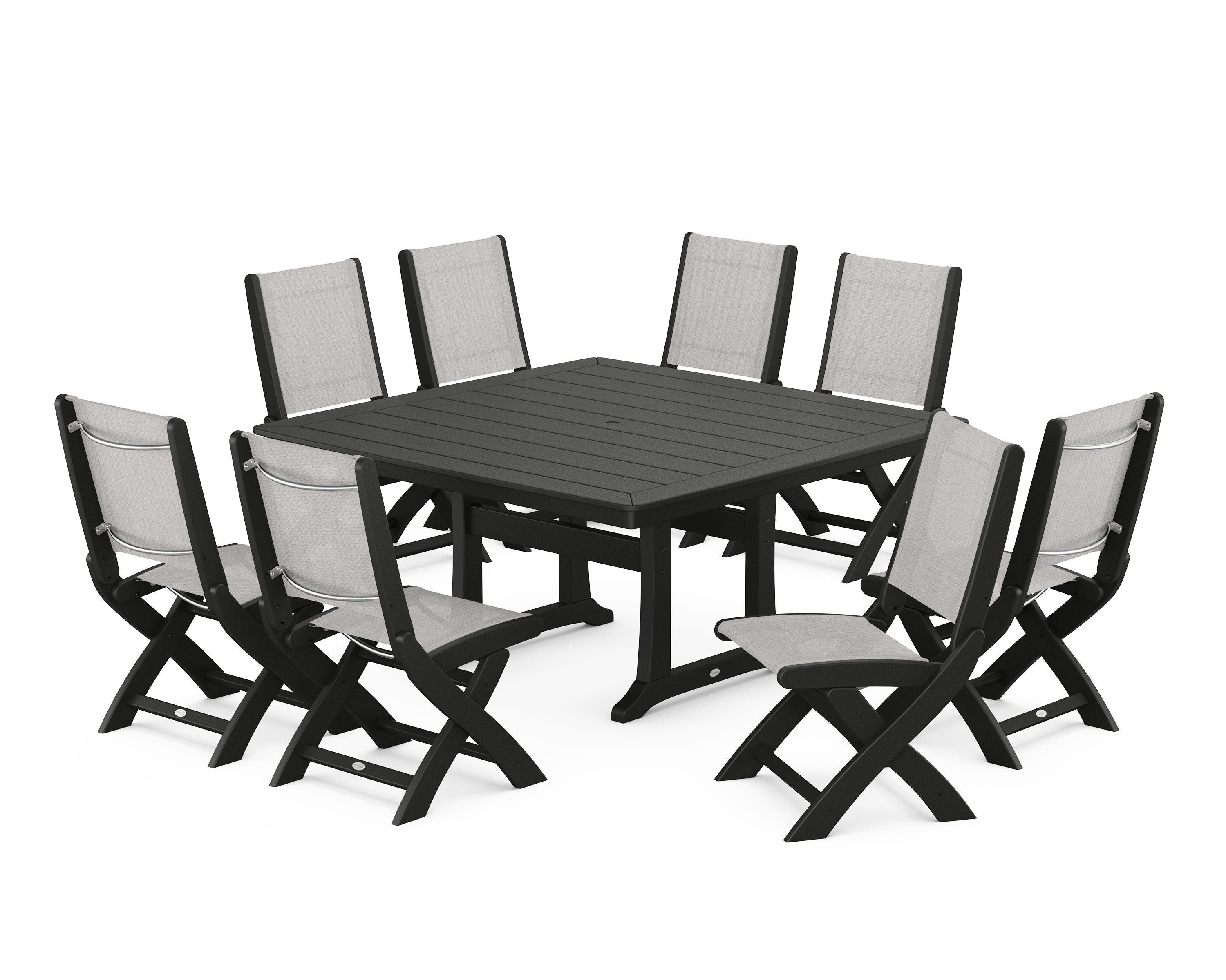 POLYWOOD® Coastal Folding Side Chair 9-Piece Dining Set with Trestle Legs in Black / Parchment Sling
