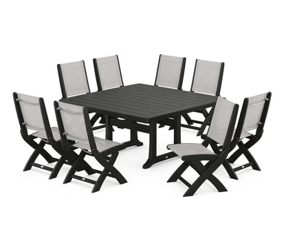 POLYWOOD® Coastal Folding Side Chair 9-Piece Dining Set with Trestle Legs in Black / Parchment Sling