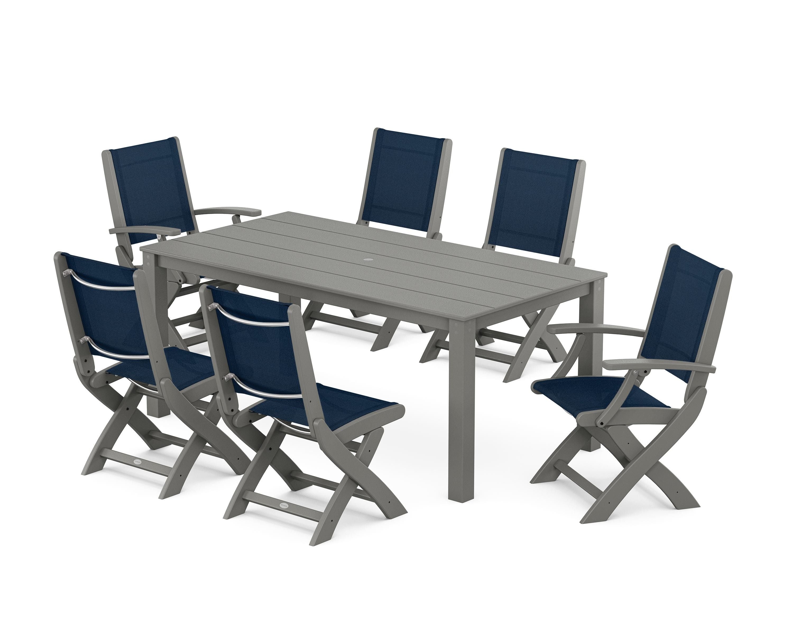 POLYWOOD® Coastal Folding Chair 7-Piece Parsons Dining Set in Slate Grey / Navy Blue Sling