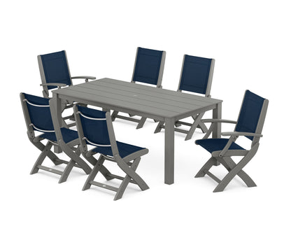 POLYWOOD® Coastal Folding Chair 7-Piece Parsons Dining Set in Slate Grey / Navy Blue Sling