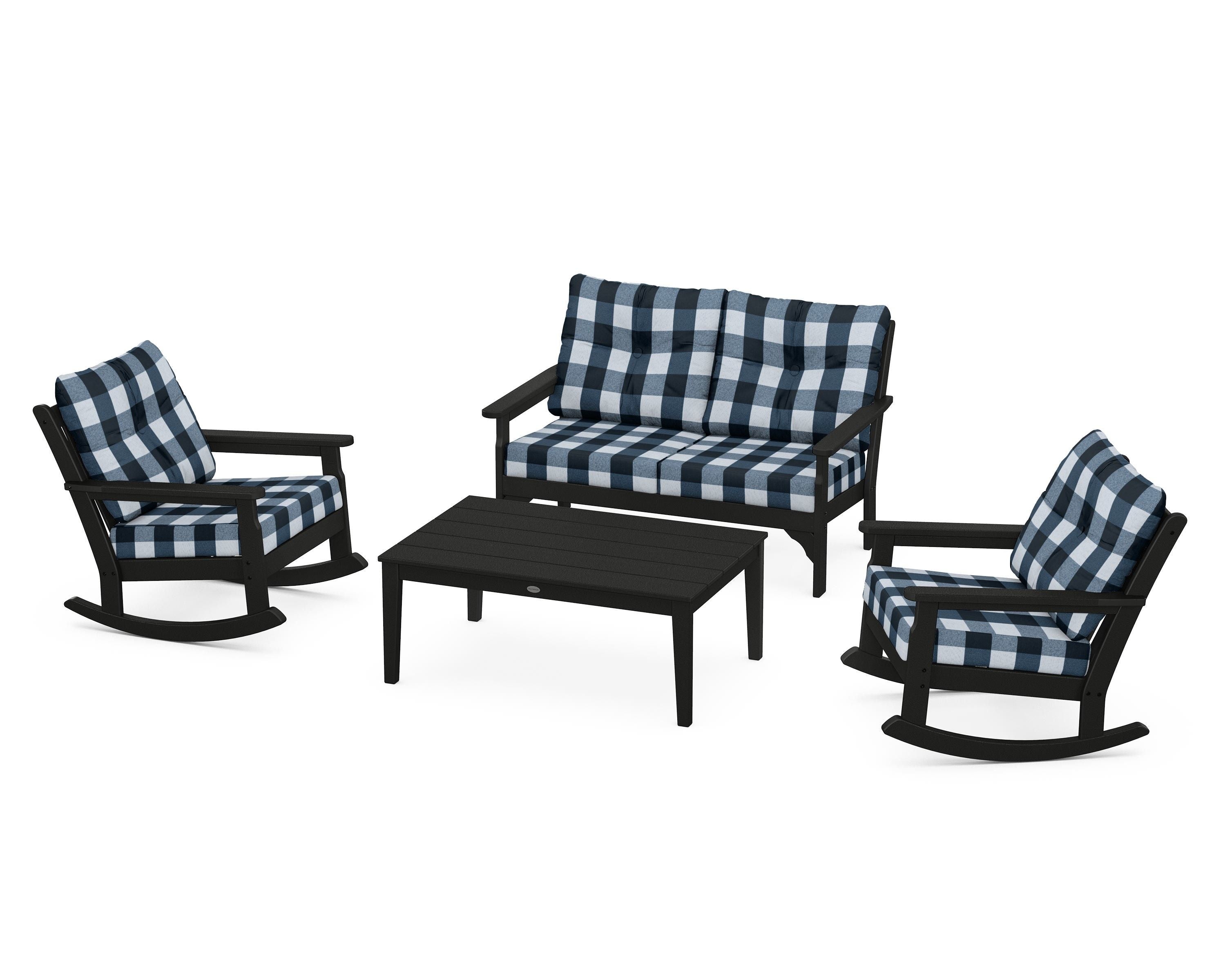 POLYWOOD® Vineyard 4-Piece Deep Seating Rocking Chair Set in Black / Buffalo Plaid Marine Indigo