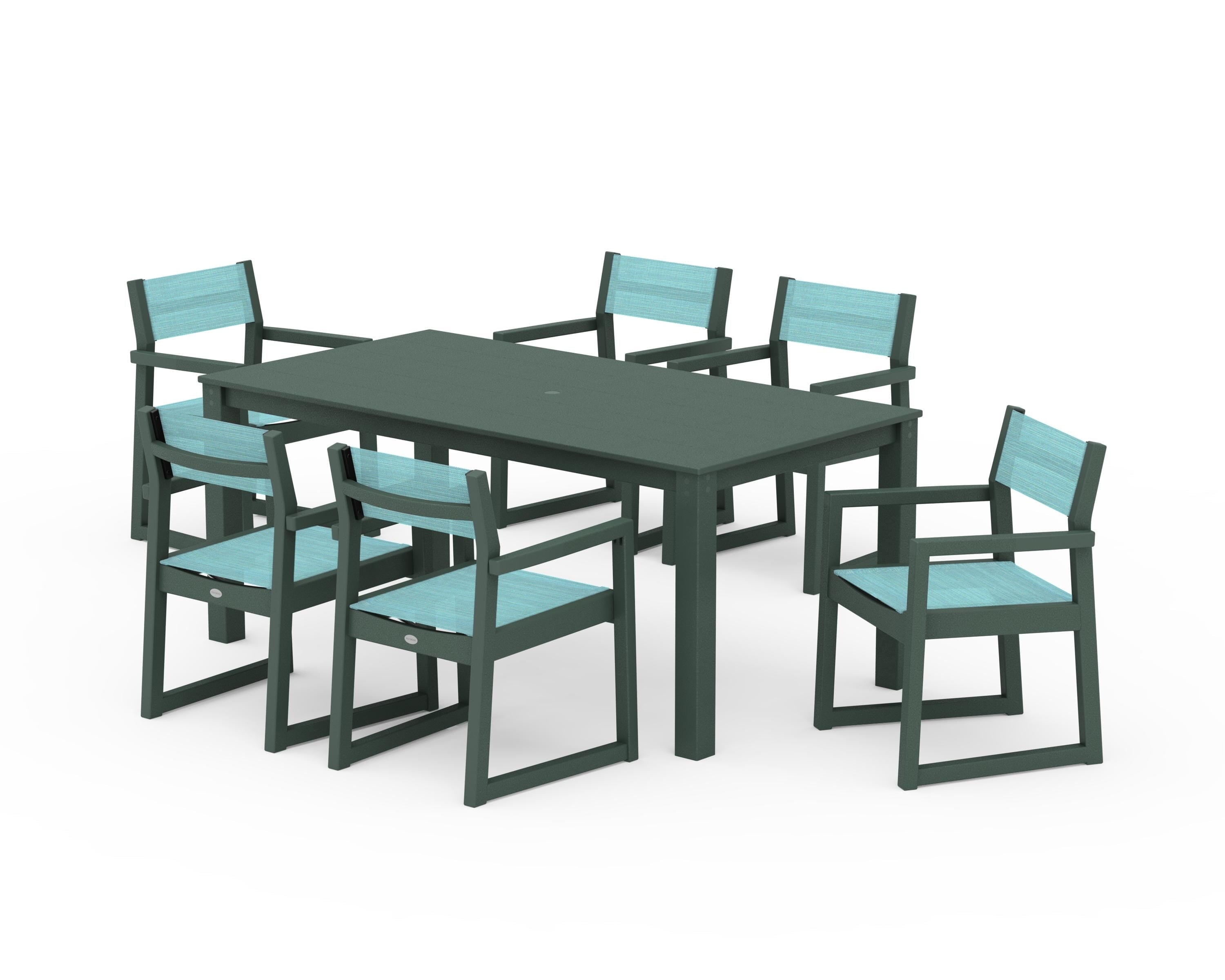 POLYWOOD® EDGE Sling Arm Chair 7-Piece Parsons Dining Set in Green / Dupioni Aquamarine Sling