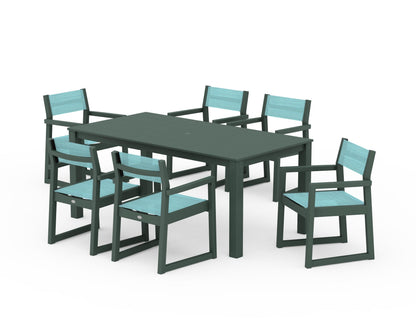 POLYWOOD® EDGE Sling Arm Chair 7-Piece Parsons Dining Set in Green / Dupioni Aquamarine Sling