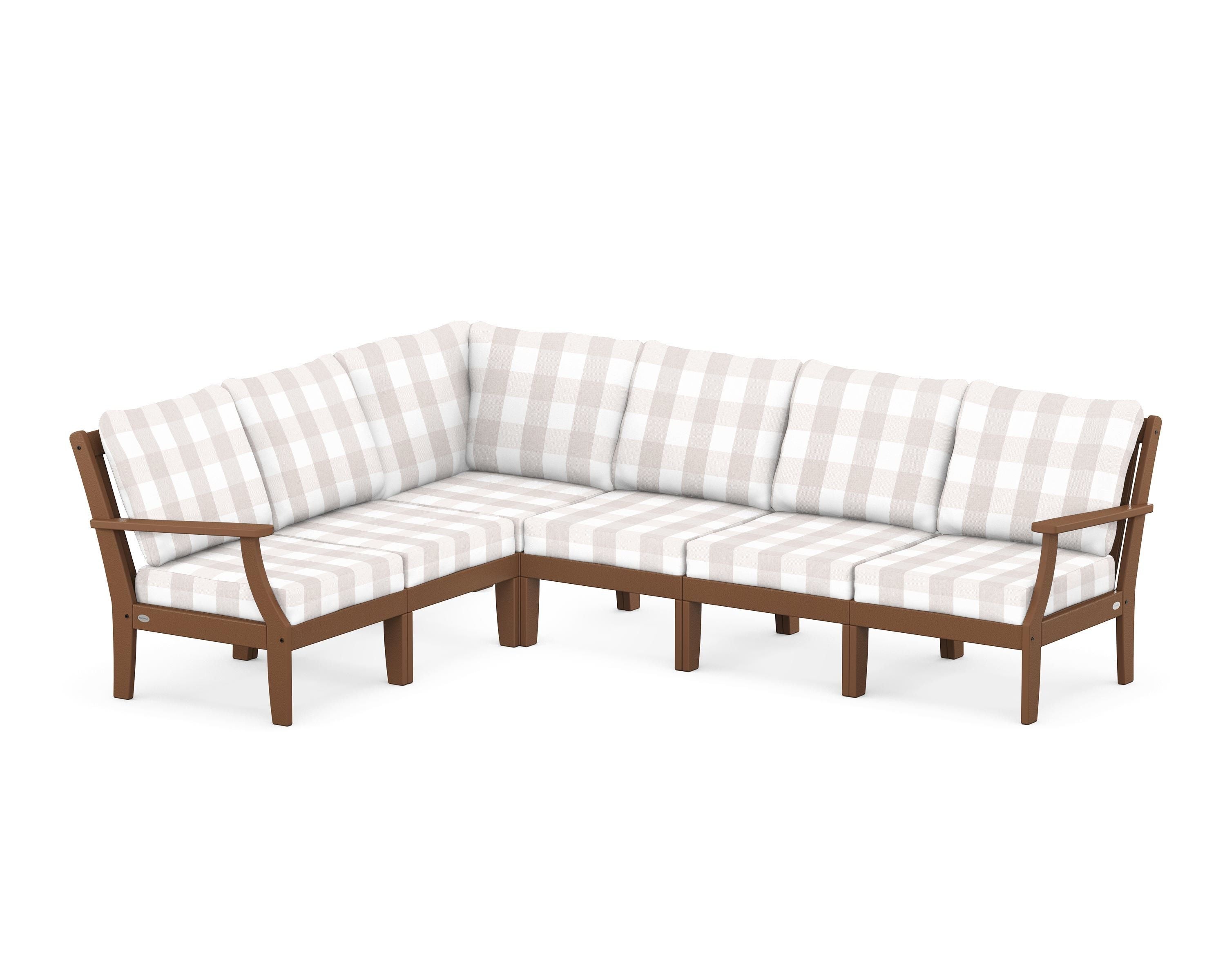 POLYWOOD® Braxton Modular 6-Piece Deep Seating Set in Teak / Buffalo Plaid Dune Burlap