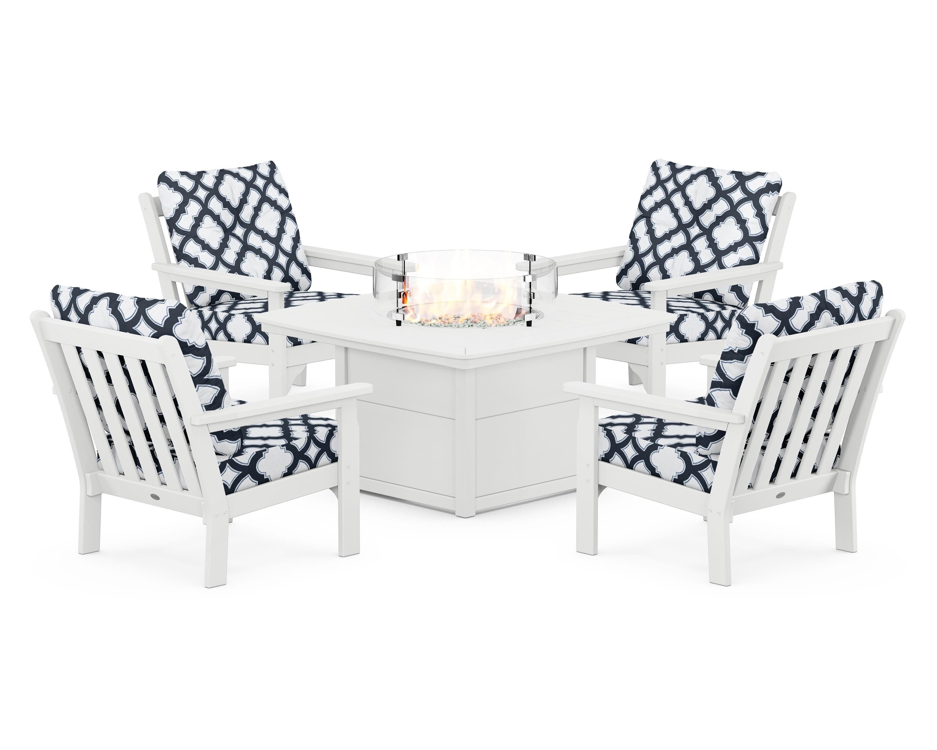 POLYWOOD® Vineyard 5-Piece Conversation Set with Fire Pit Table in White / Trellis Marine Indigo