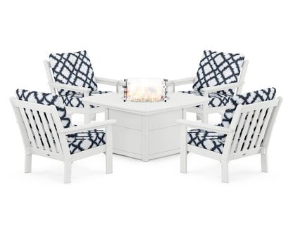 POLYWOOD® Vineyard 5-Piece Conversation Set with Fire Pit Table in White / Trellis Marine Indigo