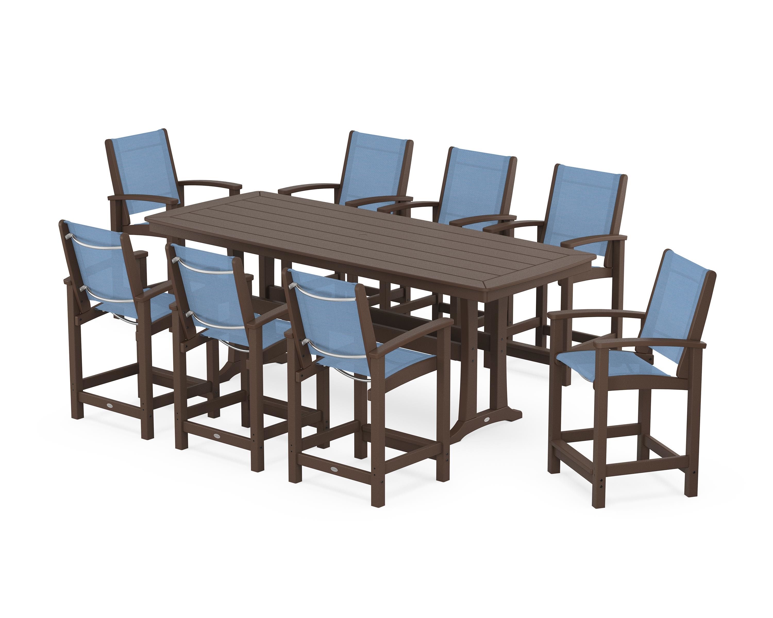 POLYWOOD® Coastal 9-Piece Counter Set with Trestle Legs in Mahogany / Poolside Sling