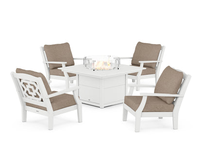 Martha Stewart by POLYWOOD® Chinoiserie 5-Piece Deep Seating Set with Fire Pit Table in White / Spiced Burlap