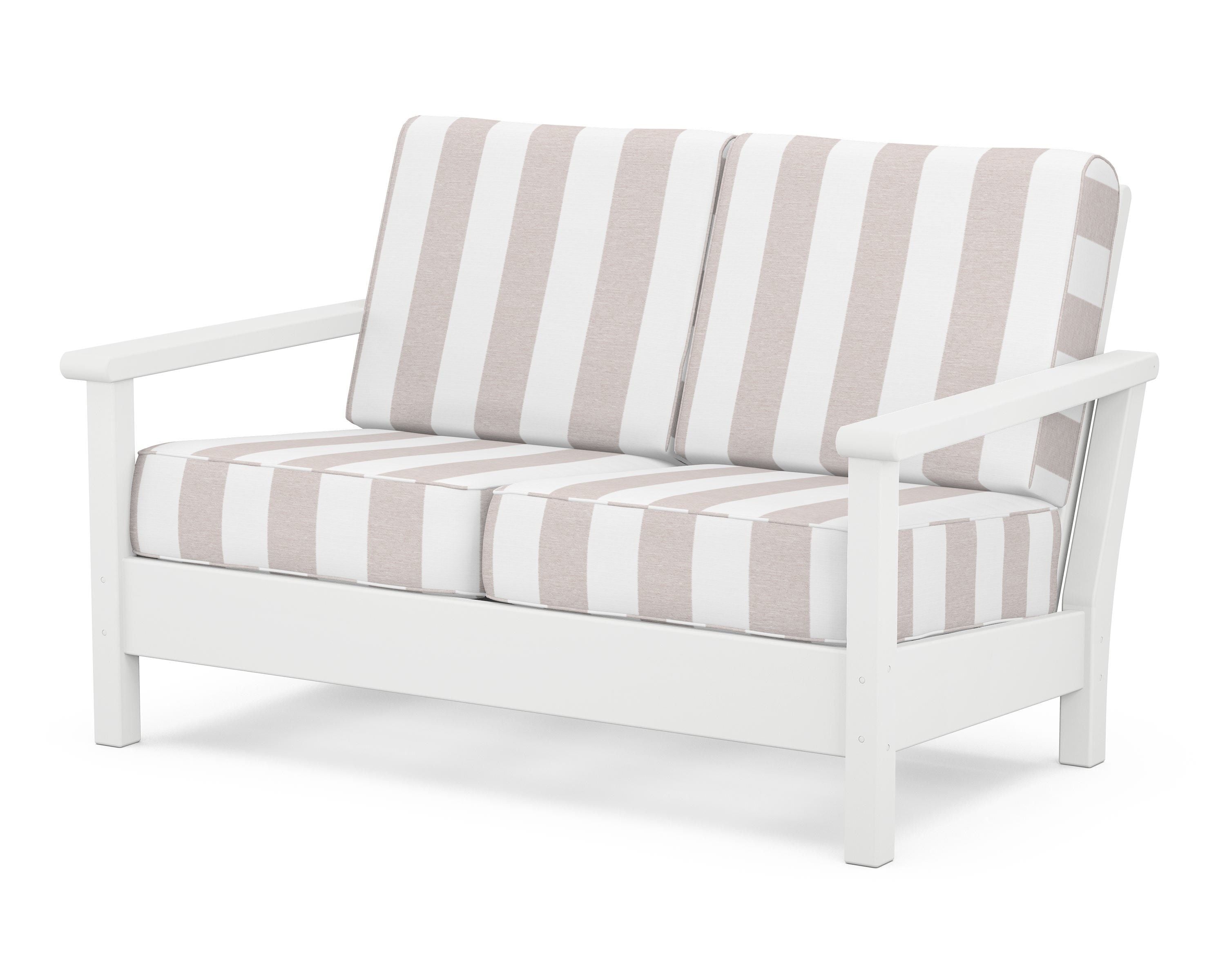 POLYWOOD® Harbour Deep Seating Loveseat in White / Cabana Stripe Dune Burlap