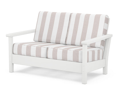 POLYWOOD® Harbour Deep Seating Loveseat in White / Cabana Stripe Dune Burlap