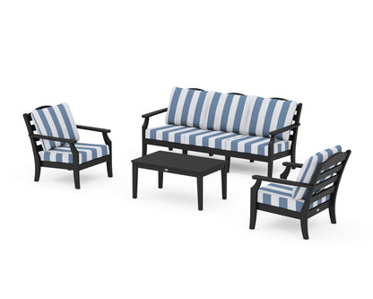 Draper James™ by  POLYWOOD® Savannah 4-Piece Deep Seating Set with Sofa in Black / Cabana Stripe Sky Blue