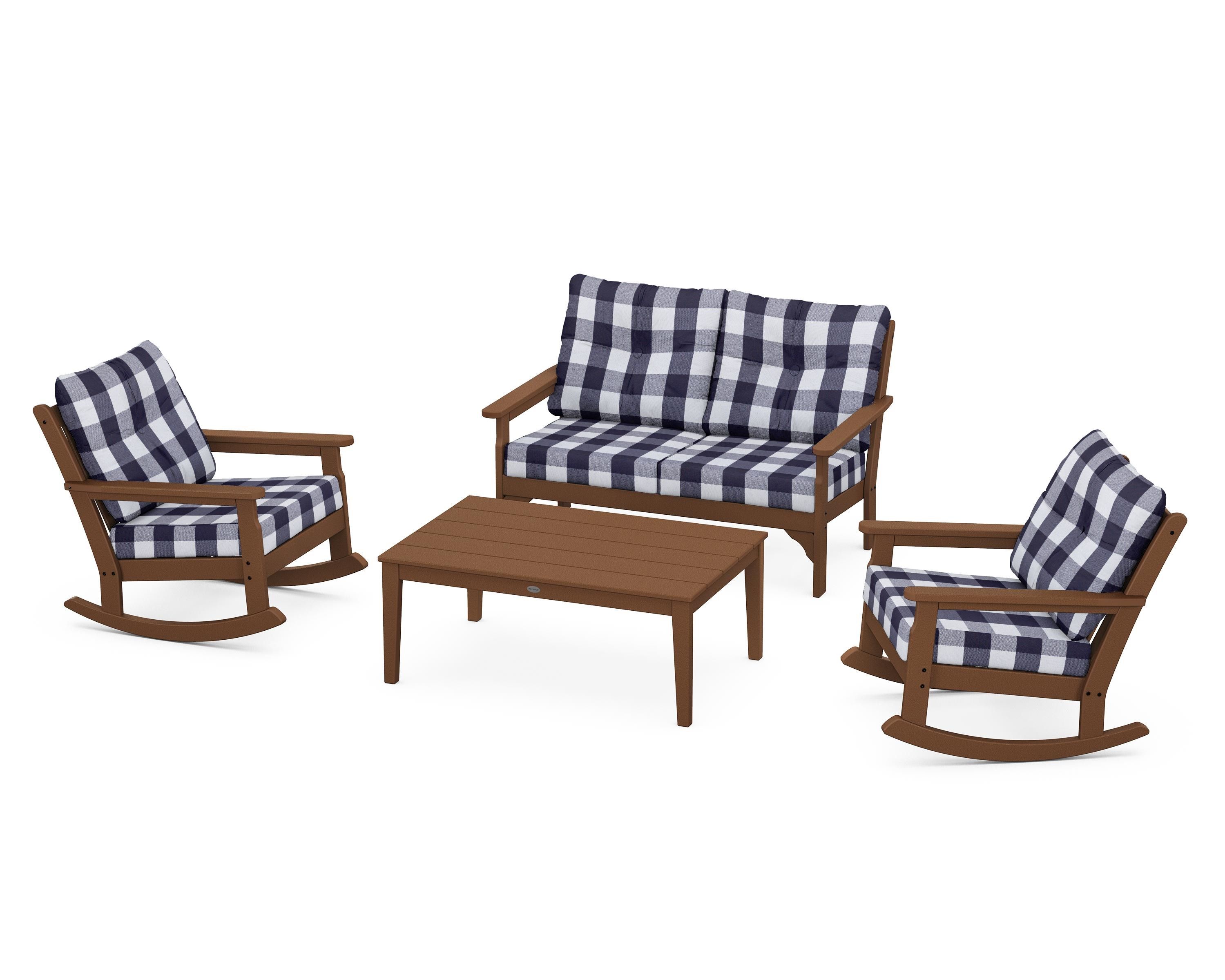 POLYWOOD® Vineyard 4-Piece Deep Seating Rocking Chair Set in Teak / Buffalo Plaid Navy
