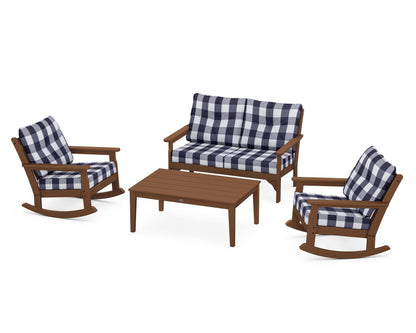 POLYWOOD® Vineyard 4-Piece Deep Seating Rocking Chair Set in Teak / Buffalo Plaid Navy