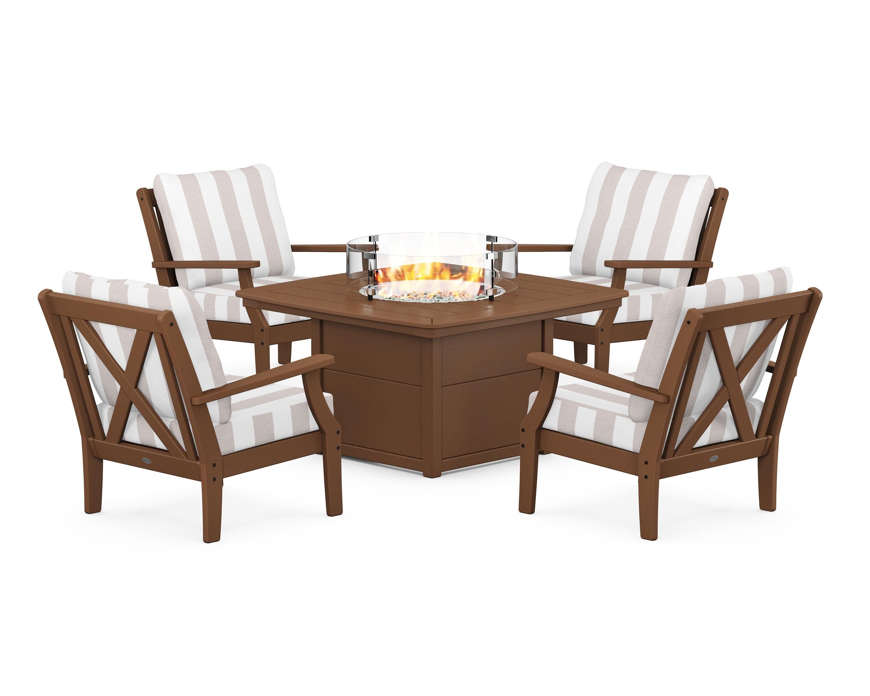 POLYWOOD® Braxton 5-Piece Deep Seating Conversation Set with Fire Pit Table in Teak / Cabana Stripe Dune Burlap