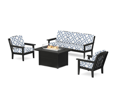 Country Living Cottage Deep Seating Fire Pit Table Set in Black / Trellis Sky Blue
