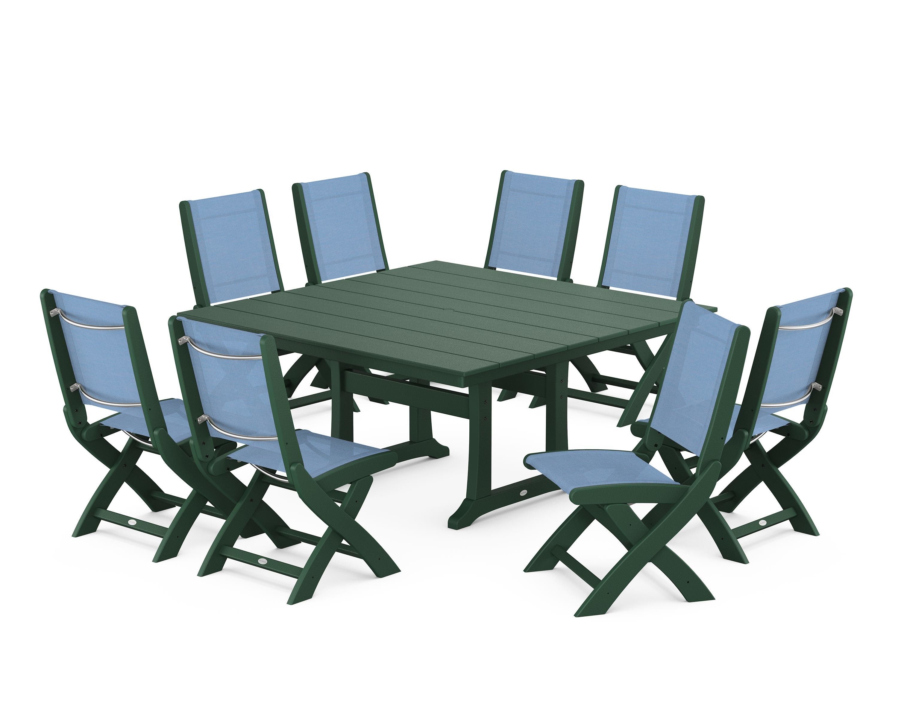 POLYWOOD® Coastal Folding Side Chair 9-Piece Farmhouse Dining Set in Green / Poolside Sling
