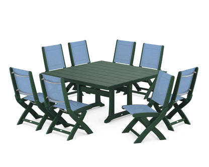 POLYWOOD® Coastal Folding Side Chair 9-Piece Farmhouse Dining Set in Green / Poolside Sling