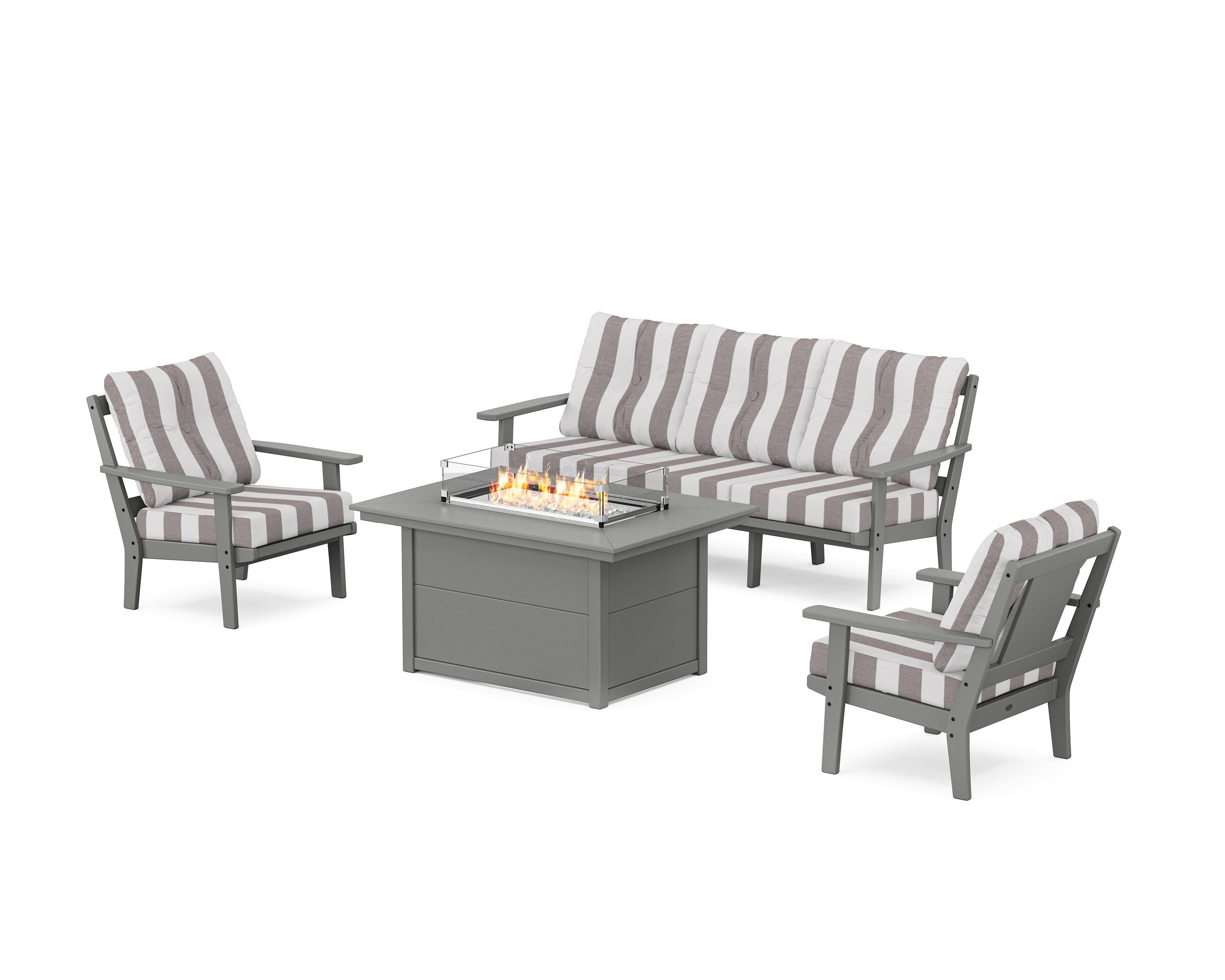 POLYWOOD® Prairie Deep Seating Fire Pit Table Set in Slate Grey / Cabana Stripe Grey Mist