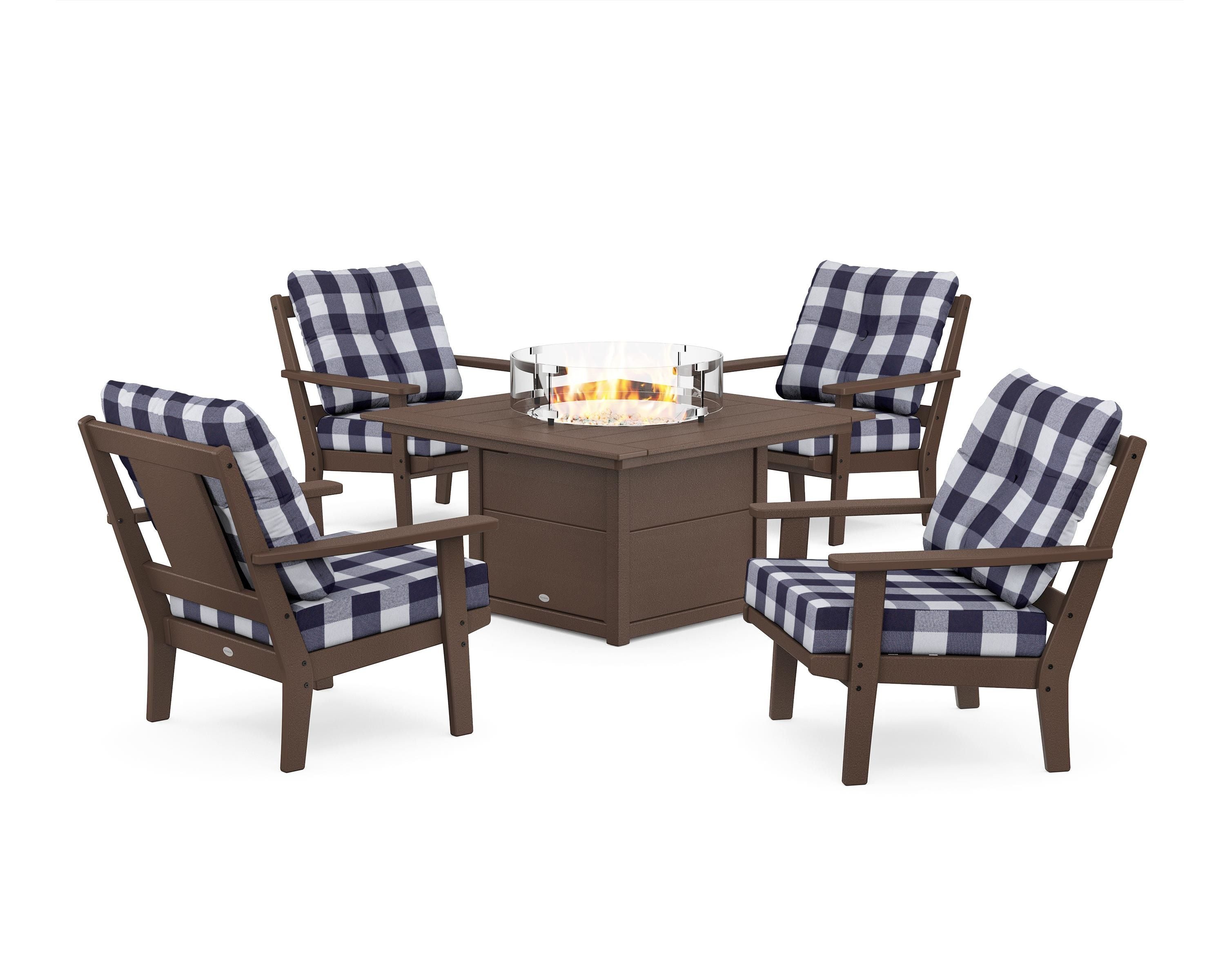 POLYWOOD® Prairie 5-Piece Deep Seating Set with Fire Pit Table in Mahogany / Buffalo Plaid Navy