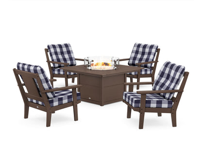 POLYWOOD® Prairie 5-Piece Deep Seating Set with Fire Pit Table in Mahogany / Buffalo Plaid Navy