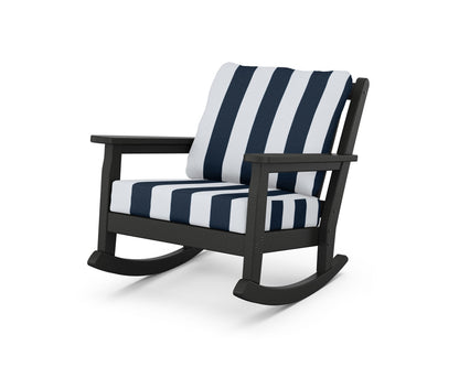 POLYWOOD® Chippendale Deep Seating Rocking Chair in Black / Cabana Stripe Marine Indigo
